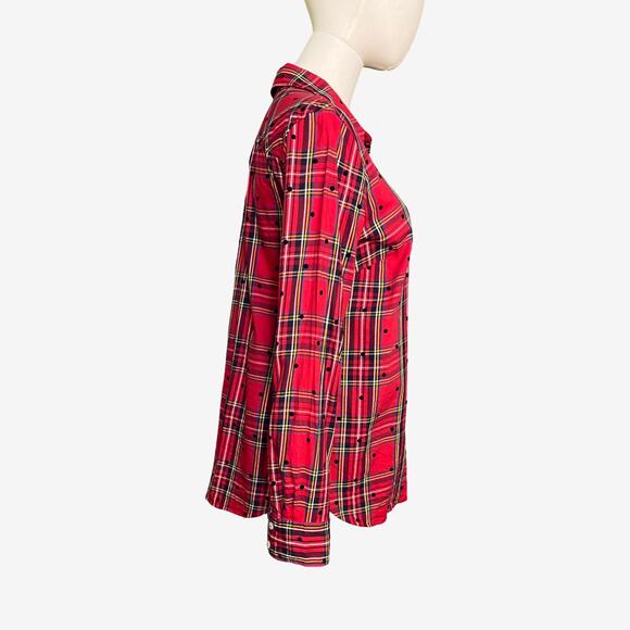 Talbots Red Plaid Polka Dot Button Front Shirt Small Cotton Rayon Blend Holiday - Picture 3 of 8